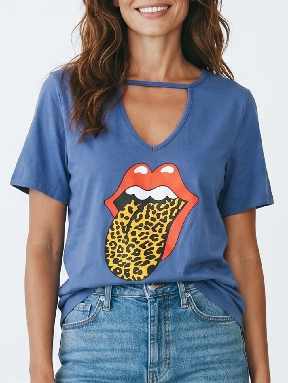 MISSLOOK Blue Short-Sleeve Tee with Red Lips and Yellow Leopard Tongue